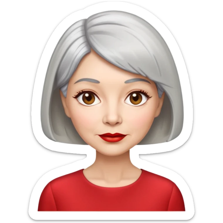 Elegant senior woman with silver-gray bob haircut, light skin, almond-shaped hazel eyes, red lipstick, wearing a red blouse, sophisticated expression sticker