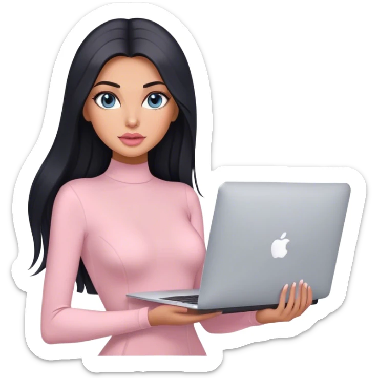 Glamours, tanned, very beautiful girl, with big pump peach-beige-rose lips, black straight smooth silky long hair, straight parting hair, blue-grey eyes, in light-pink bodysuit holding MacBook sticker