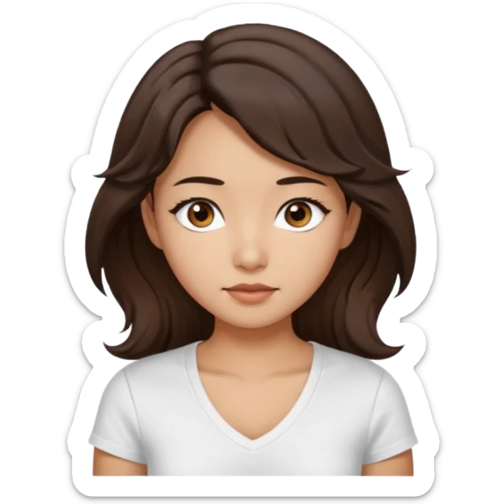 iOS style emoji. A girl with very long dark brown wavy hair. And the eyes color is dark brown. And she is wearing white t shirt with V kneck. And she is 30. She is Asian with double eyelids  sticker