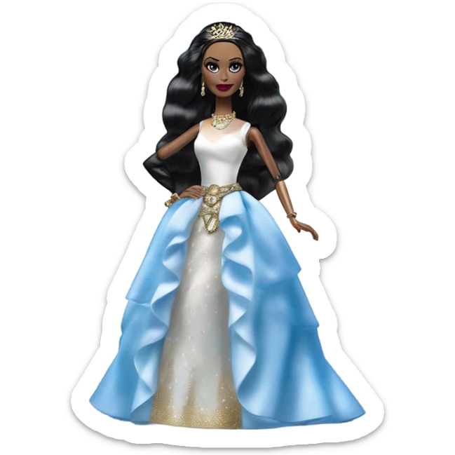 Tall realistic face teen Morticia Addams’s in as Princess Leia Barbie in ruffled pearl-white and blue informal ball gown with gold accents and accessories  sticker