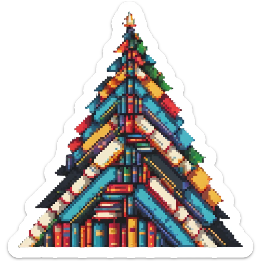 A mountain peak made entirely of colorful stacked books reaching high sticker