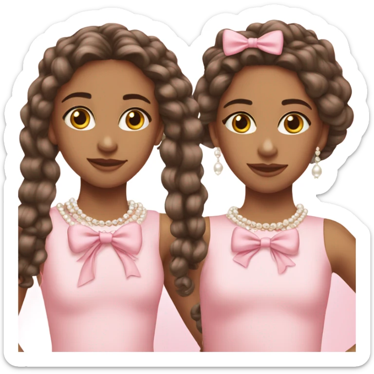 two teenage Latina twins. pink. Long hair. Pink bows. Pearls. Light pink. Diamonds dress. sticker