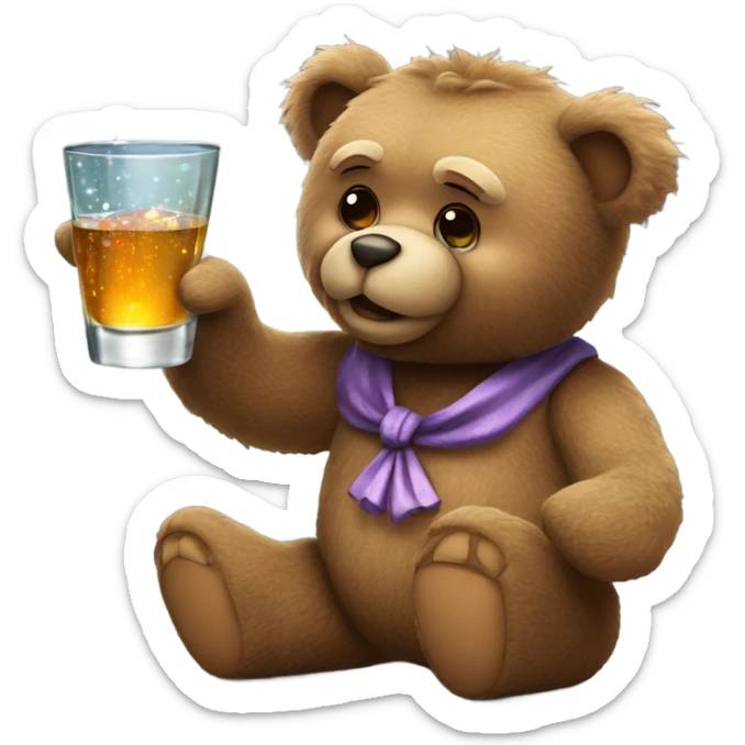 gruff teddy bear holding a gift that sparkles and a shot glass of liquor  sticker