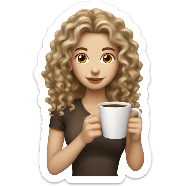 A white girl with darkblonde long curly hair holding a cup of coffee sticker