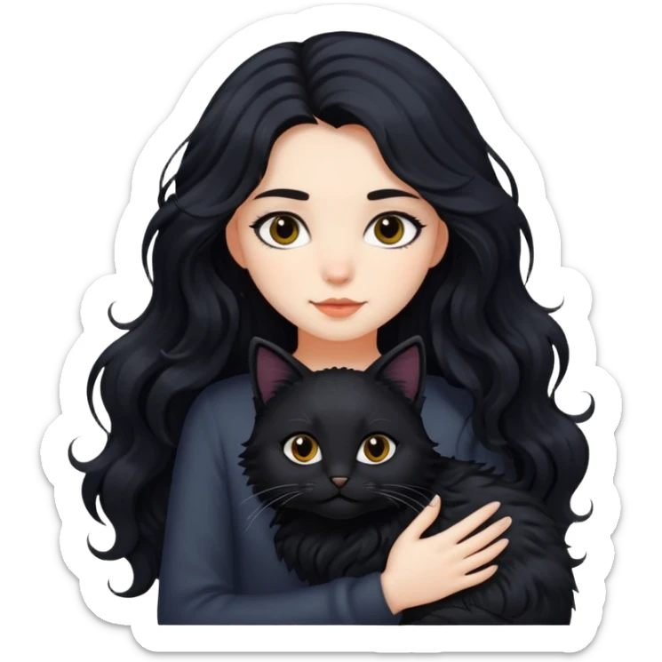 a girl with long wavy black hair and black furry cat sticker