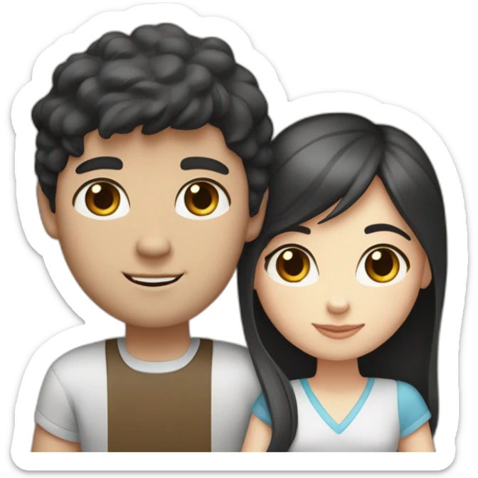 a dark-haired white man with brown eyes and a girl with light brown hair and blue eyes are holding hands and black and white cat and gray sticker