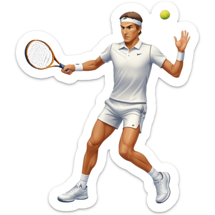 Cinematic Realistic portrait of Goran Ivanišević, depicted as an iconic tennis player in dynamic motion with detailed athletic gear and intense focus, illuminated by bold stadium lighting that accentuates his competitive spirit. sticker