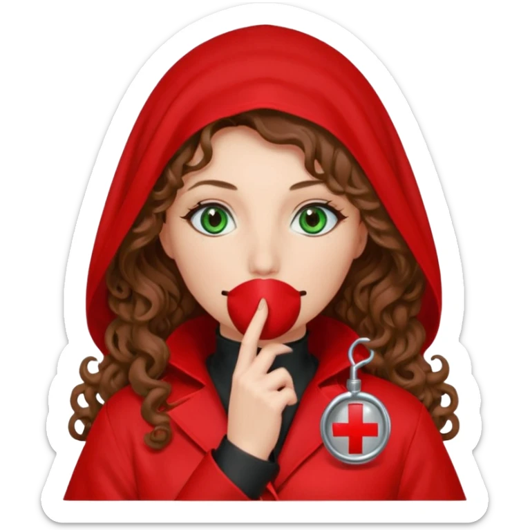 Lilith symbol sexy evil woman. She has green eyes.  had brown long curly hair.  evil surgeon kills with scalpel wears red sexy doctor coat with red mouth cover red gloves. Covers nose, neck  and mouth with Muslim red berka sticker