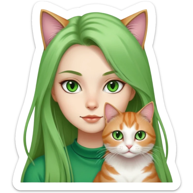 a cool girl with a long hair cat, cat’s eyes are green sticker