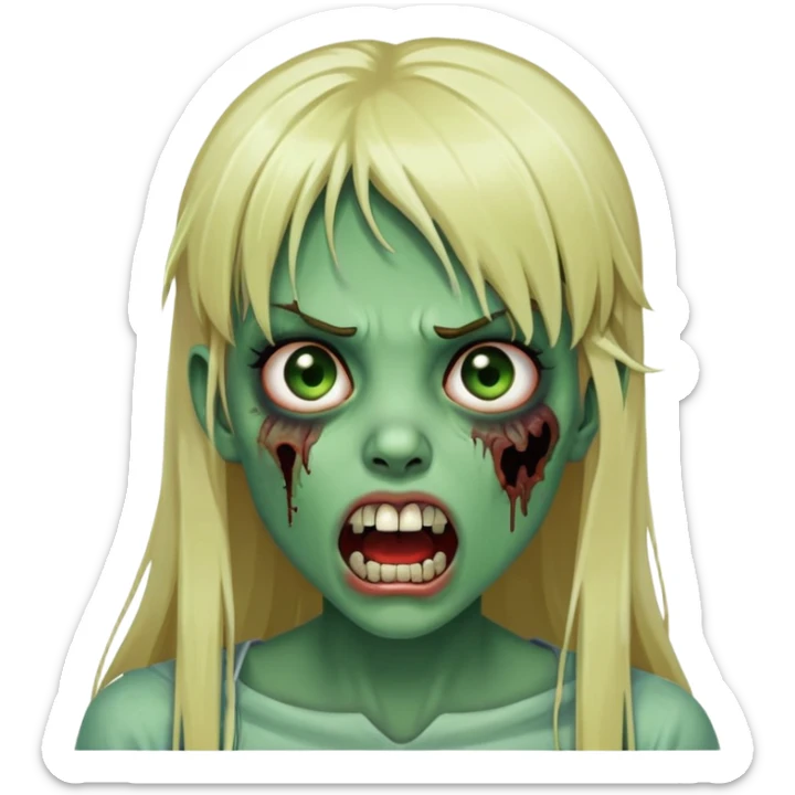 Zombie girl with green skin, visible bruises on face, mouth open showing teeth, long blonde hair with straight bangs sticker