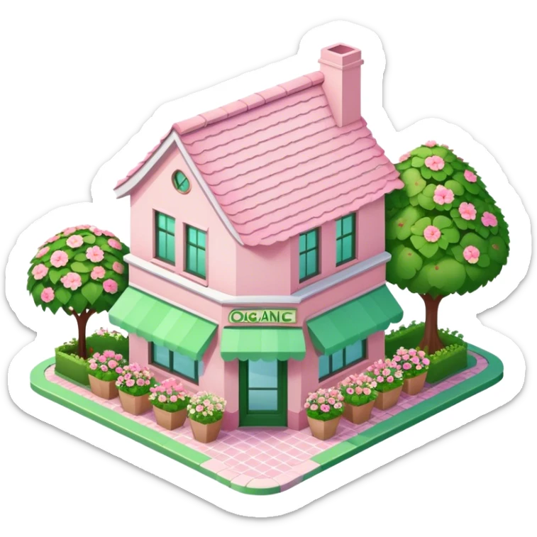 Organic juice shop, light pink and green and decorated with lots of florals, isometric exterior view, pitched roof with pink tiles sticker