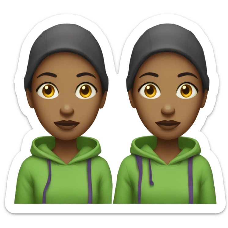 woman who is homeless, disheveld wearing green hoodie and purple shirt with yellowish eyes sticker