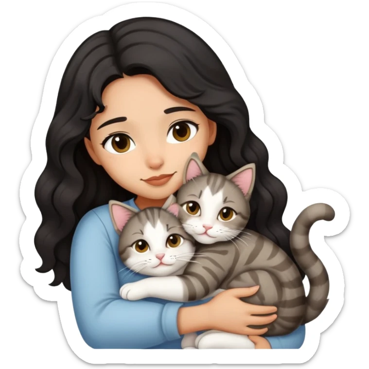 A girl with black wavy hair and light tan skintone, hugging her tabby white cat sticker