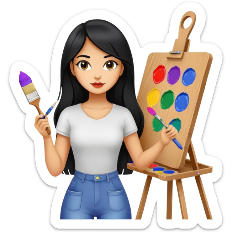 painting, easel, master piece, artist, long black hair tanned woman, paint pallet colors and paint brush, sexy sticker
