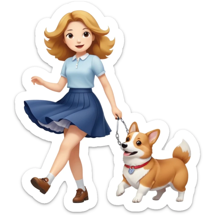 A beautiful girl with fair skin happily chases a corgi in a skirt sticker