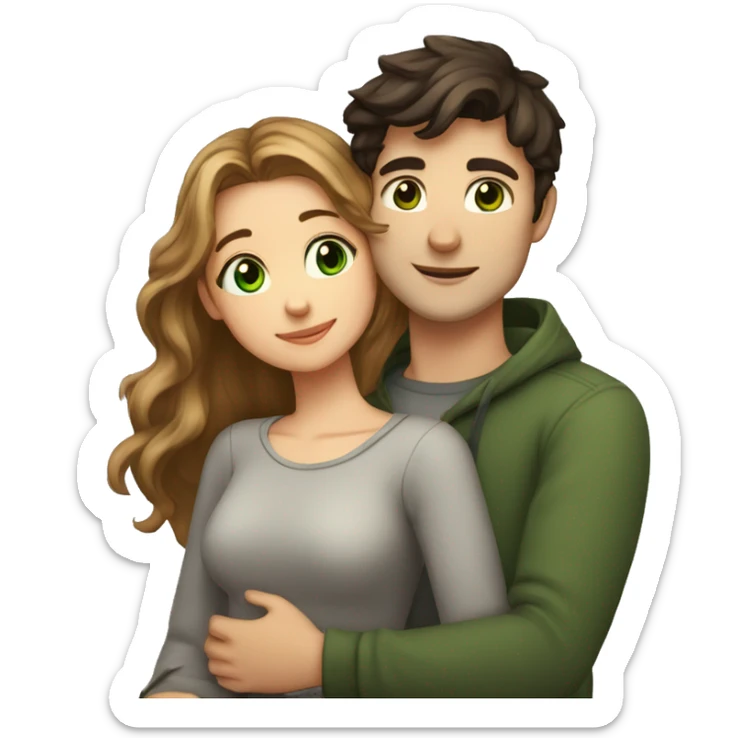 a girl with slightly wavy hair, green eyes and a height of 158 cm, and a guy with short dark hair and brown eyes, a height of 182 cm, are hugging sticker