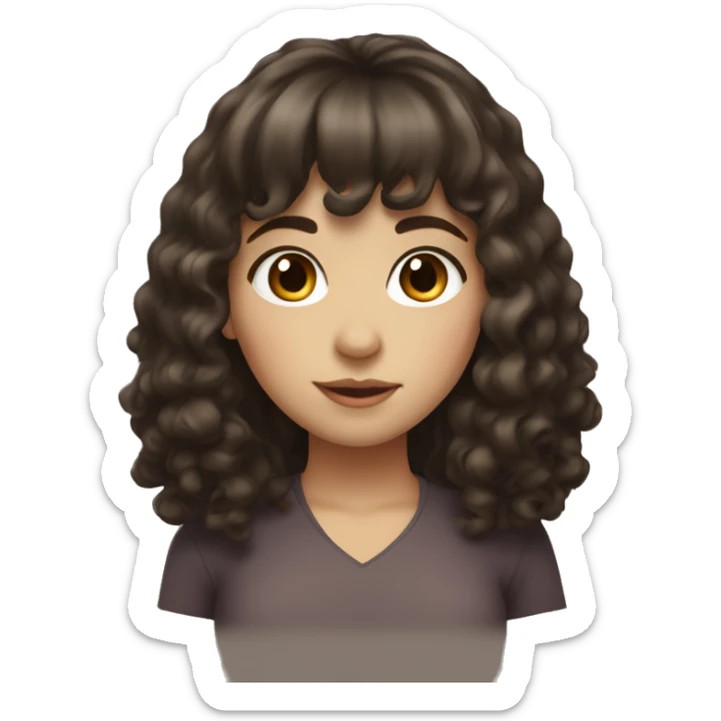 A girl with long dark brown curly hair with white skin tone and brown eyes and full bangs sticker
