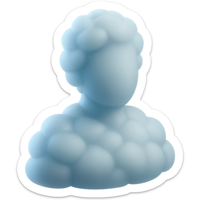 person made entirely of white fluffy convex clouds with a slight blue tint, shoulder up, front view, matte glass style, no background sticker