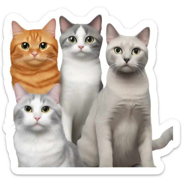 1 orange cat, 1 gray and white cat, 1 gray tabby cat, and 1 ragdoll cat at birthday party sticker