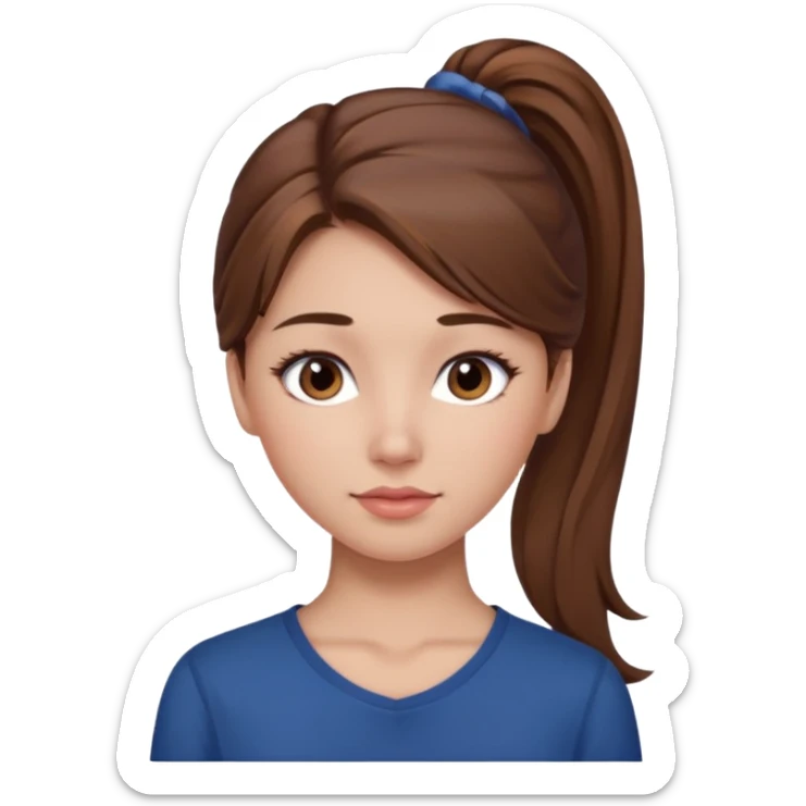 pretty girl brown long hair makeup ponytail  on left shoulder, dark blue shirt sticker