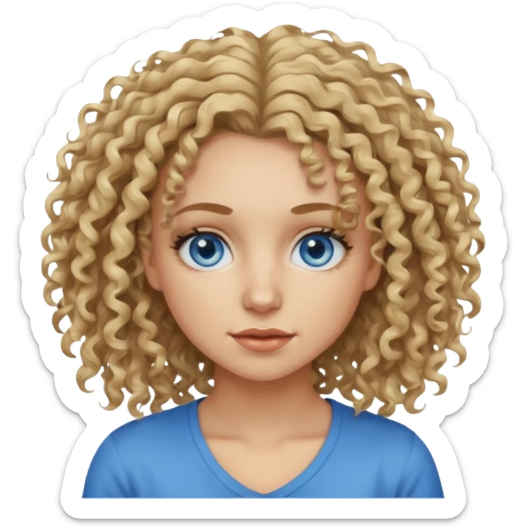 This is a 2D digital anime-style portrait of a female, caucasian, 29 years old light skin. The person has messy dirty blond curly hair, round blue eyes.  sticker