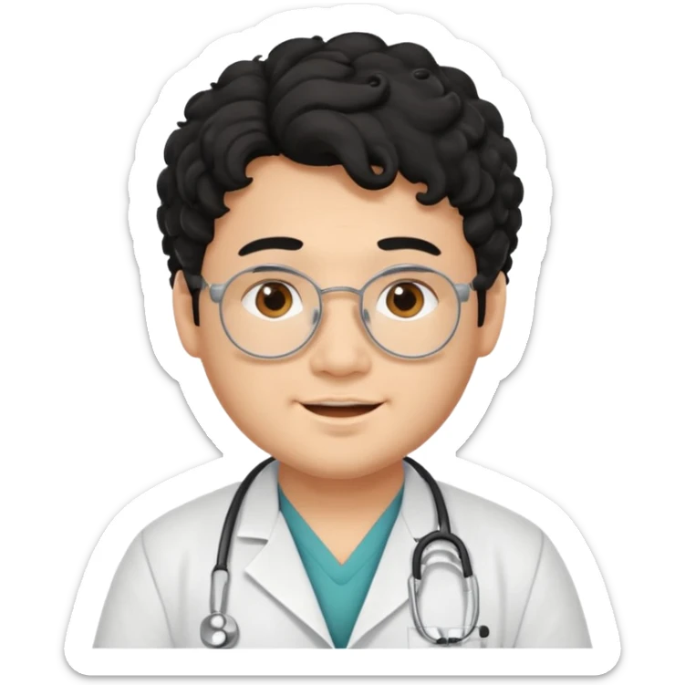 a young asian chubby male doctor with black long curly hair and cheerful face without gpasses sticker