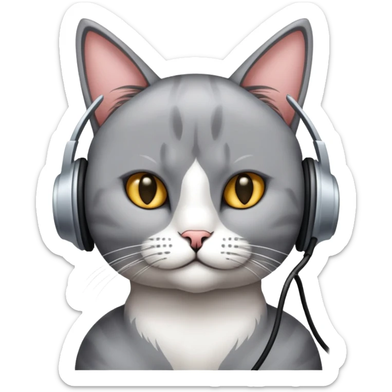 Gato persa gris con audífonos y detrás de él un cartel con el nombre PRIMERA 88.3FM sticker