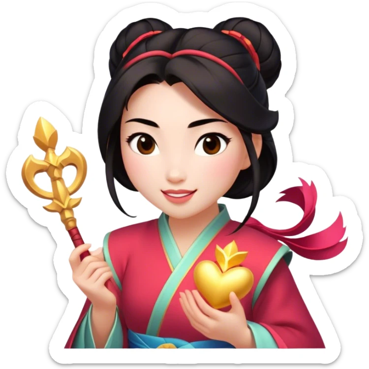 Cinematic Adorable Mulan Portrait Emoji, Playfully holding Cri-Kee in her hands, eyes sparkling with mischief, soft rosy cheeks, a warrior with a heart full of charm, radiant in the morning sunlight, glowing with warmth and joy! sticker