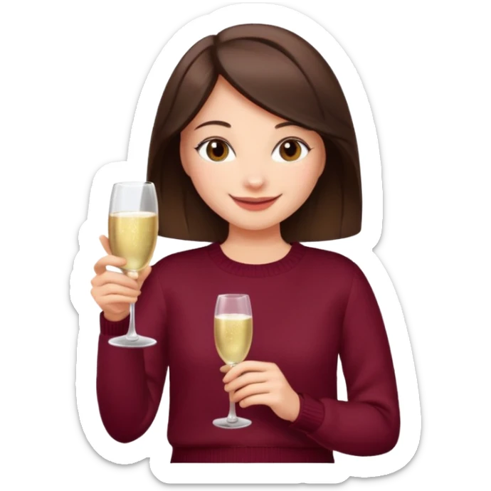 Brunette  with her back turned in burgundy sweater with glass of champagne in her hand  sticker