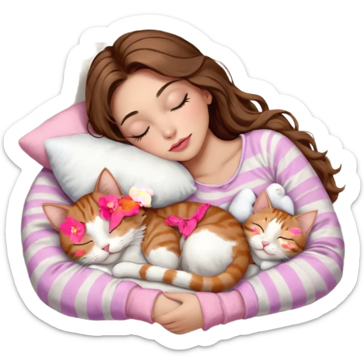girl with long wavy brown hair, brown eyes, long lashes makeup, sexy pink lips, light to medium complexion,  sleeping on a cozy pillow, with 6 cats: 1 brown and white tabby cat, 1 ginger and white, 2 grey and white, 1 grey with white mittens and small white patch on chest and 1 calico, sleeping sticker