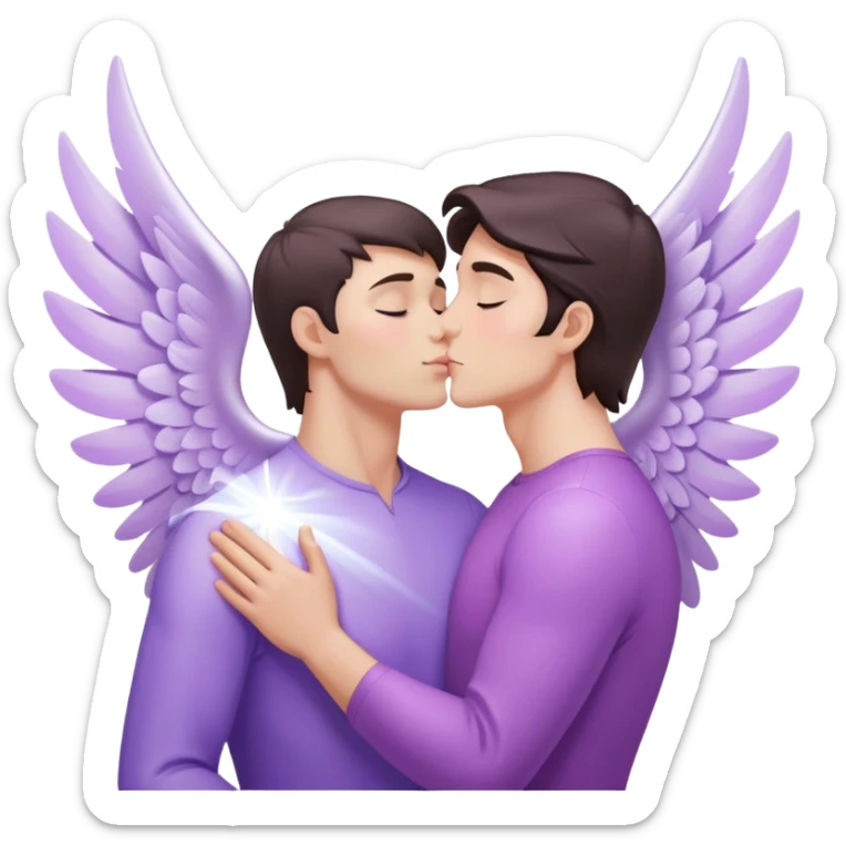 White brunette human man with rays of light Heart kisses a pastel purple angel woman sticker