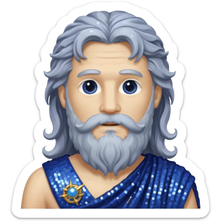 Saturn, God of Time from Roman Deities with long gray wavy hair and beard, indigo sequin toga sticker