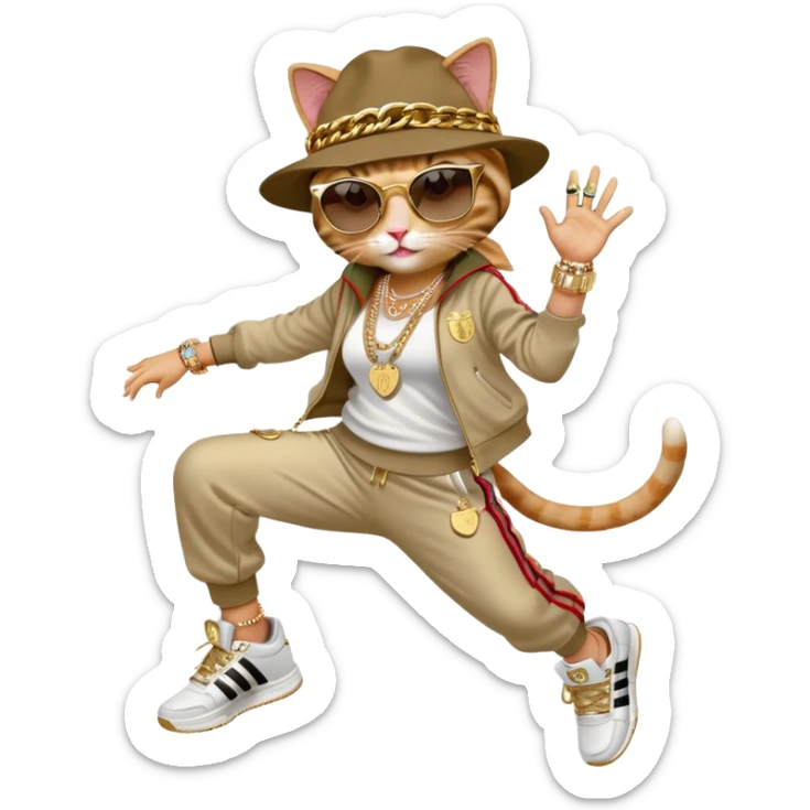 female cat jumping, Run DMC hip-hop outfit, tracksuit, fedora, Adidas sneakers, dark sunglasses, many gold chains, bling accessories rings bracelets earrings sticker
