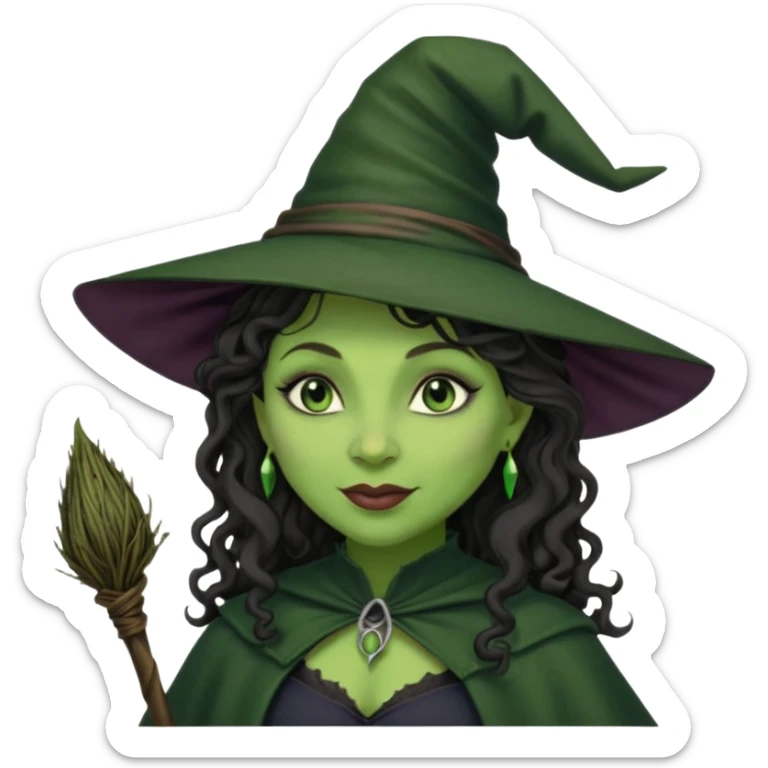 elphaba the wicked witch from wicked movie (cynthia erivo) dark long curly hair, thick lips, wide nose, green skins, witch hat, witch broom, evil, wicked musical film, smirk sticker