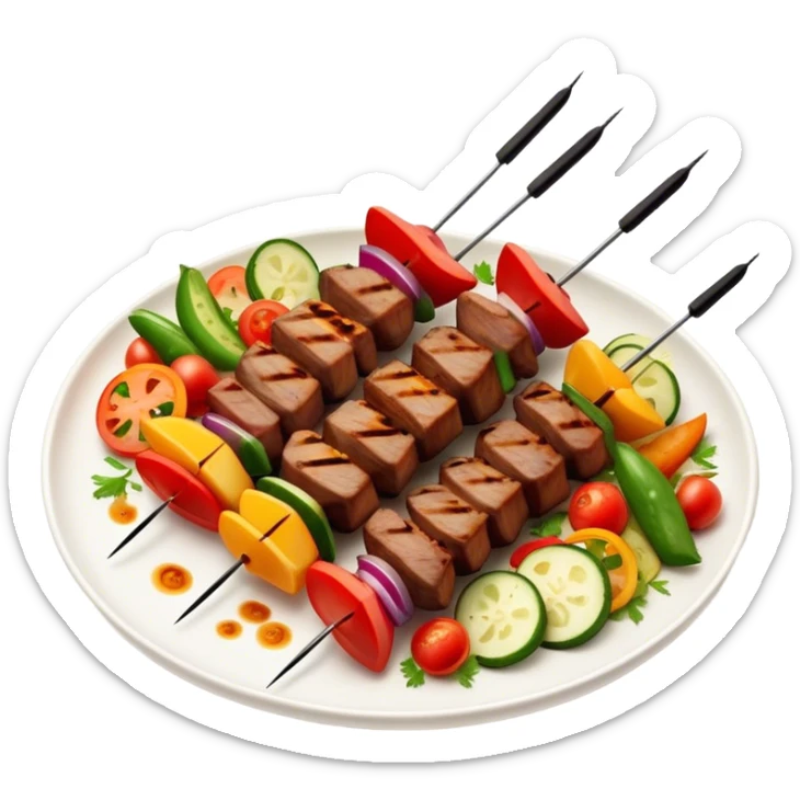 Cinematic Realistic Shish Kebab Dish Emoji, showcasing skewered, grilled meat with vibrant vegetables rendered with dynamic textures and warm, inviting lighting. sticker