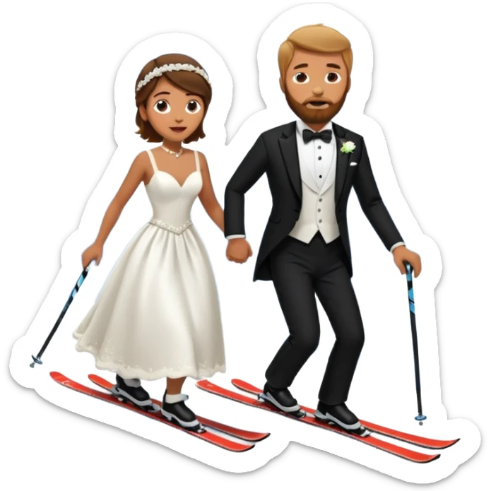 a couple skiing, man with a beard in a tux and woman in a wedding dress on their skiis going down a slope sticker