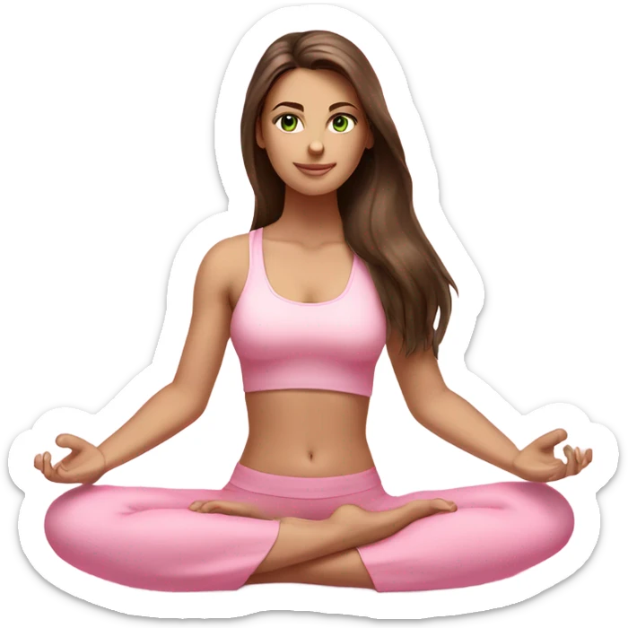 Brunette long hair and green eyes yoga beautiful girl in light pink pink pink clothes sitting on a yoga mat sticker