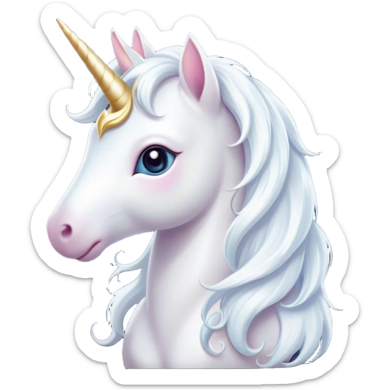 Cinematic Cute White Unicorn Portrait Emoji, Head tilted playfully and inquisitively, featuring a charming, petite form with a silky white color, a delicately flowing mane and tail, and a tiny, sparkling horn, with large, dreamy eyes full of wonder, Simplified yet irresistibly adorable features, highly detailed, glowing with a warm, enchanting glow, high shine, affectionate and lively, stylized with a touch of fairy-tale whimsy, soft glowing outline, capturing the essence of a mischievous yet endearing white unicorn that seems as if it could gallop out of the screen into your heart! sticker