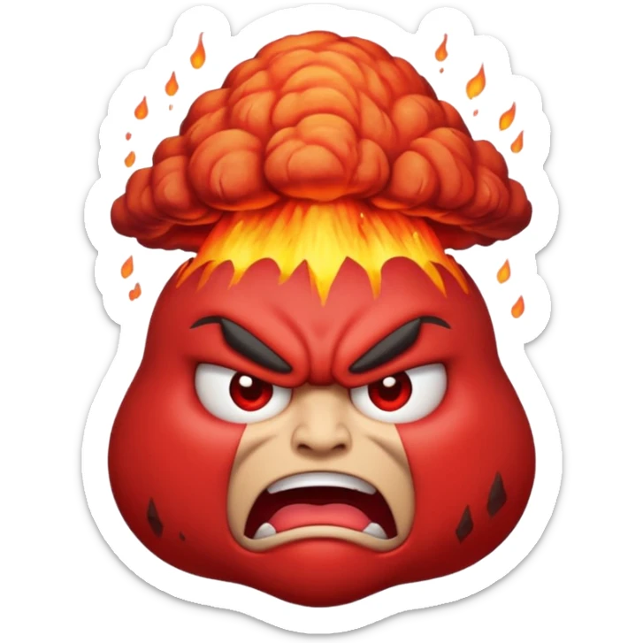 can i have an image of an red faced emoji with a small vocano th the top of its head erupting. i like the 4th image but make it with an angry face sticker