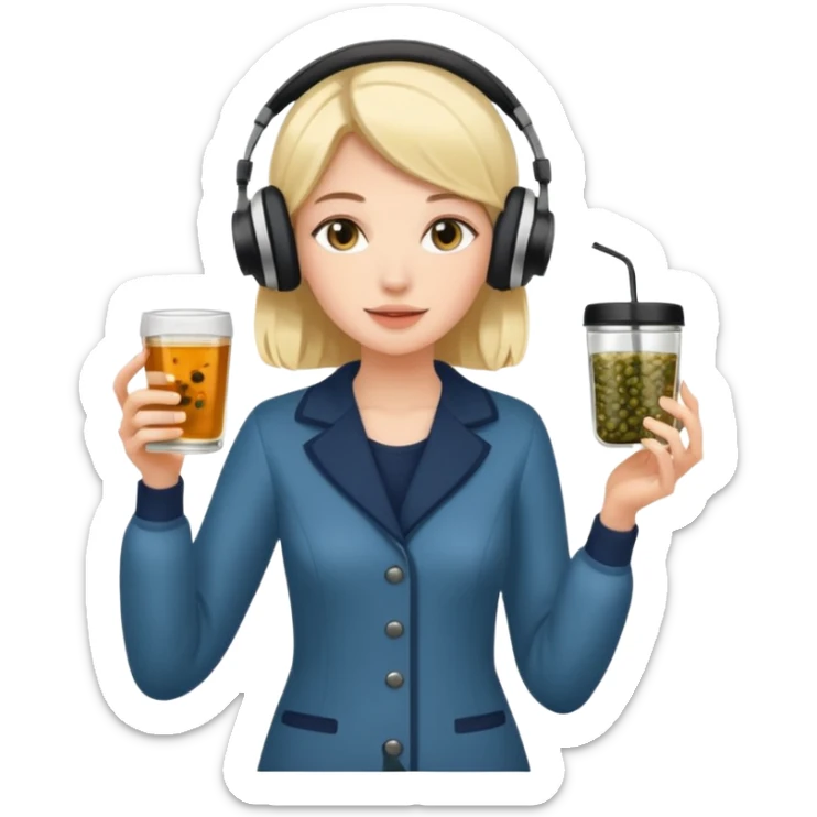 a young woman full length walks with headphones on with a caviar toast in one hand and herbal tea in the other hand sticker