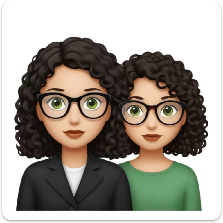 One girl with long dark brown hair, black glasses, green eyes, and neutral skin tone. Another girl with black curly shoulder length hair, hazel eyes, neutral skin tone  sticker