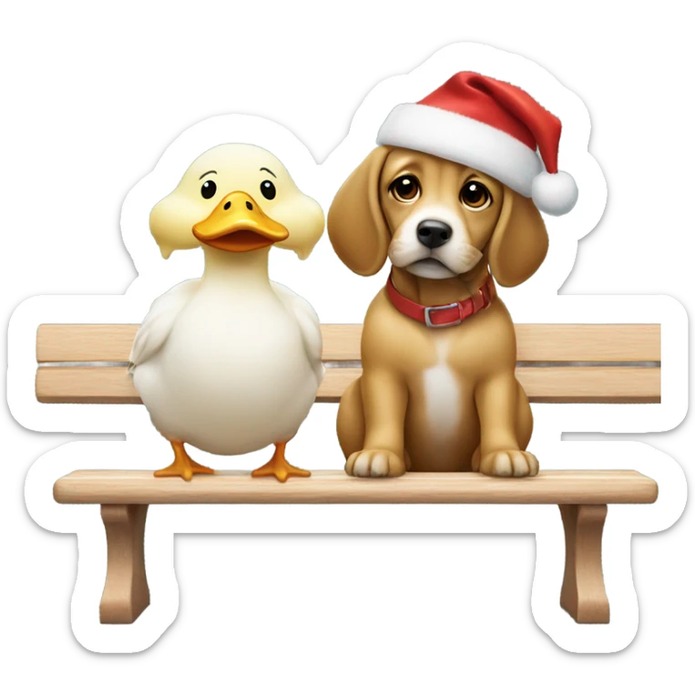 dog and baby duck sitting next to each other on a bench with christmas hats sticker