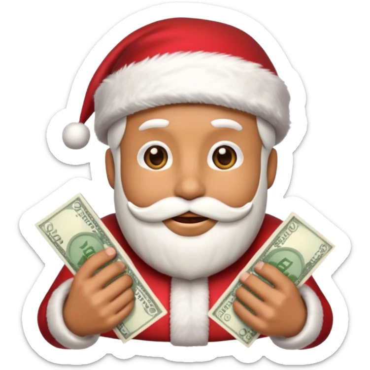 A confident rich emoji face wearing a Santa hat, money stacks, casino vibe, New Year theme, premium 3D emoji style, sharp details, no text, isolated on transparent background sticker