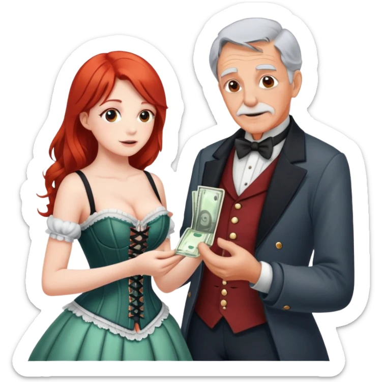 Kind elderly grandfather with gray hair giving money to a, pretty, corset, modern, red head young woman who needs financial help,  sticker