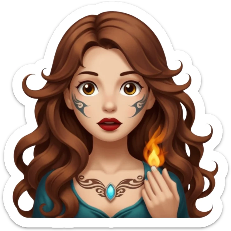 mystic woman long wavy brown hair tattoos warm breath glow from mouth sticker