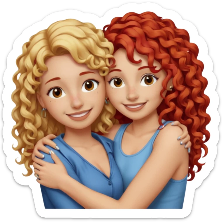 A woman with pencil straight, blonde hair and a nose piercing and a woman with curly red hair and a nose piercing are hugging and smiling together. sticker