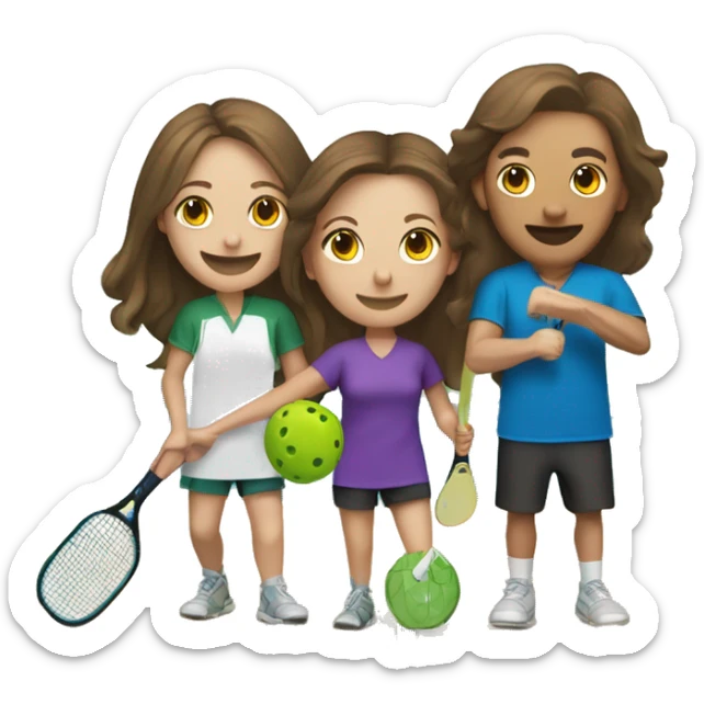 4 Caucasian people playing pickleball with 1 tall bald male, 1 shorter brown hair male, 1 girl with long brown hair, 1 girl  with brown hair sticker