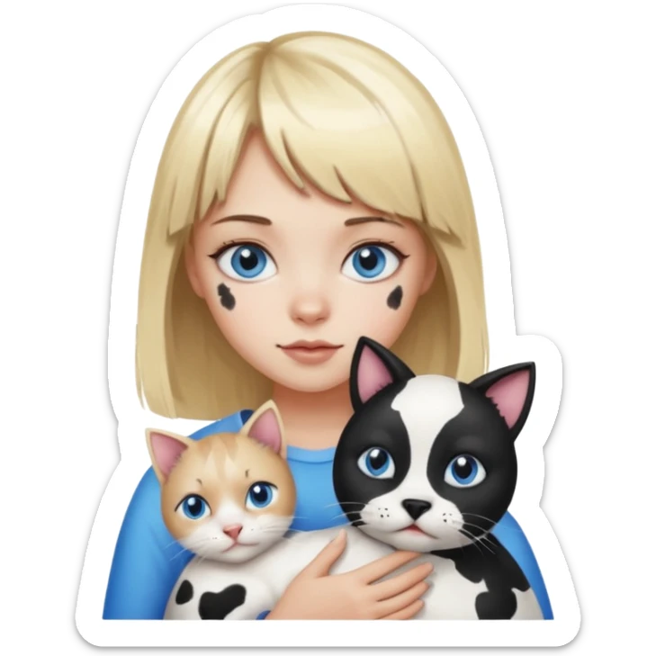 Cute cat black and white stain like a cow in the arms of a blond girl with bangs and blue eyes sticker