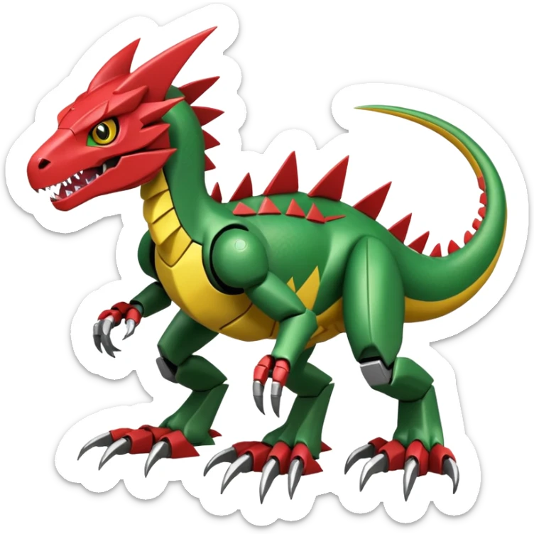 Cool Edgy Green Red Yellow Digimon-Fakemon-Guilmon-Velociraptor-Dragon-Mecha full body sticker