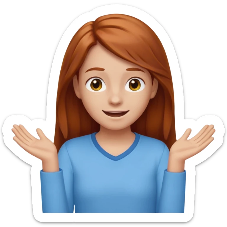 shrugging happy emoji tween long auburn hair light blue shirt with a darker blue L sticker